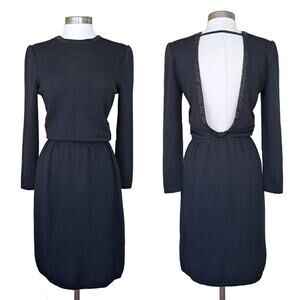 ST.  JOHN Black Santana Knit Embellished Backless Cocktail Dress Long Sleeve